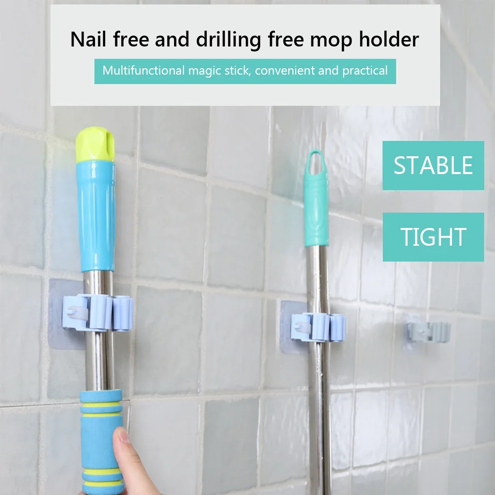 2Pc Mop Broom Holder No-slip Gripper Self for Hanger Mop Hook Racks Kitchen Bathroom Adhesive Wall Mounted Hanger Organizer