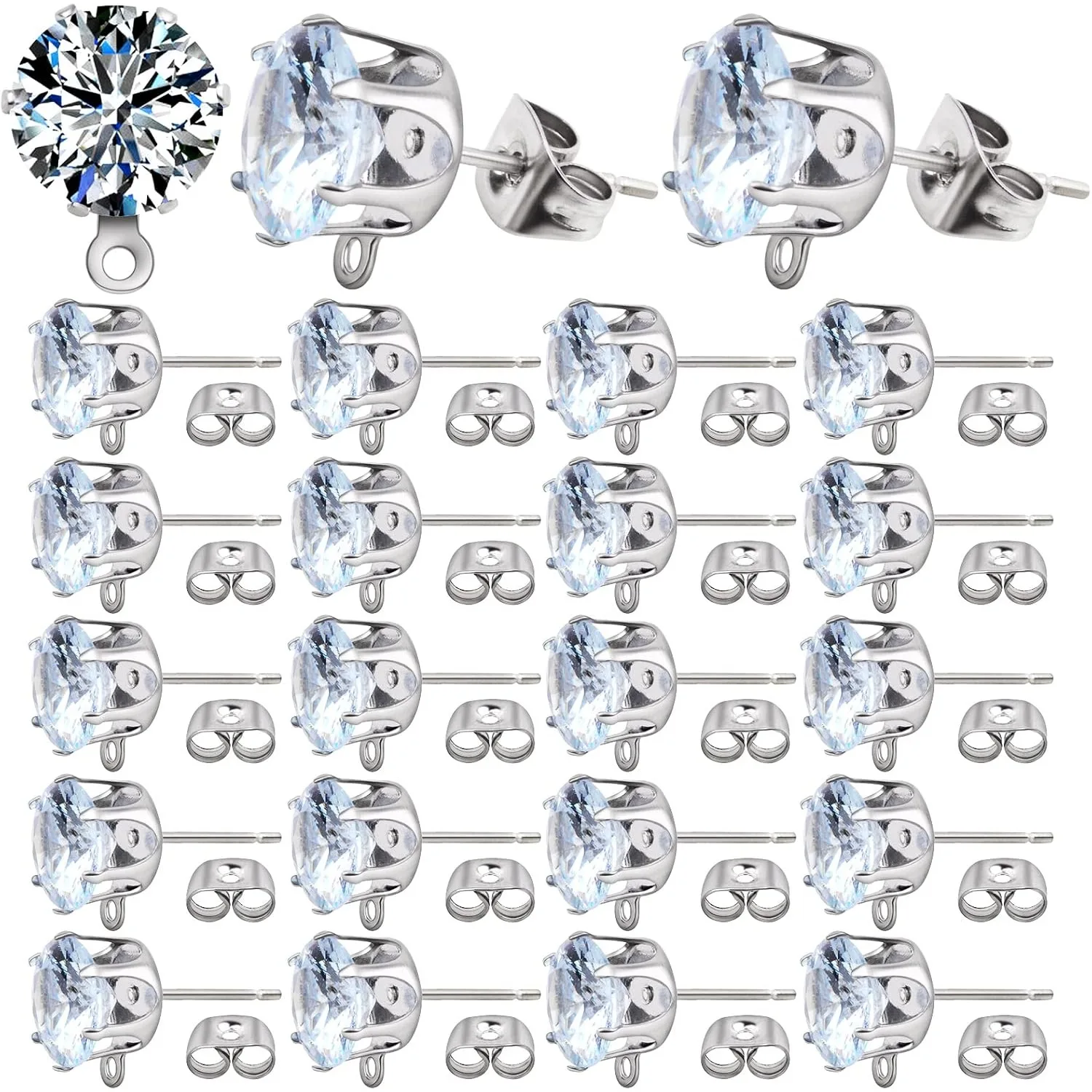 

60pcs Posts Hypoallergenic Crystal Earring Studs with Loop Hole and 60pcs Earring Backs Stoppers for DIY Jewelry Making
