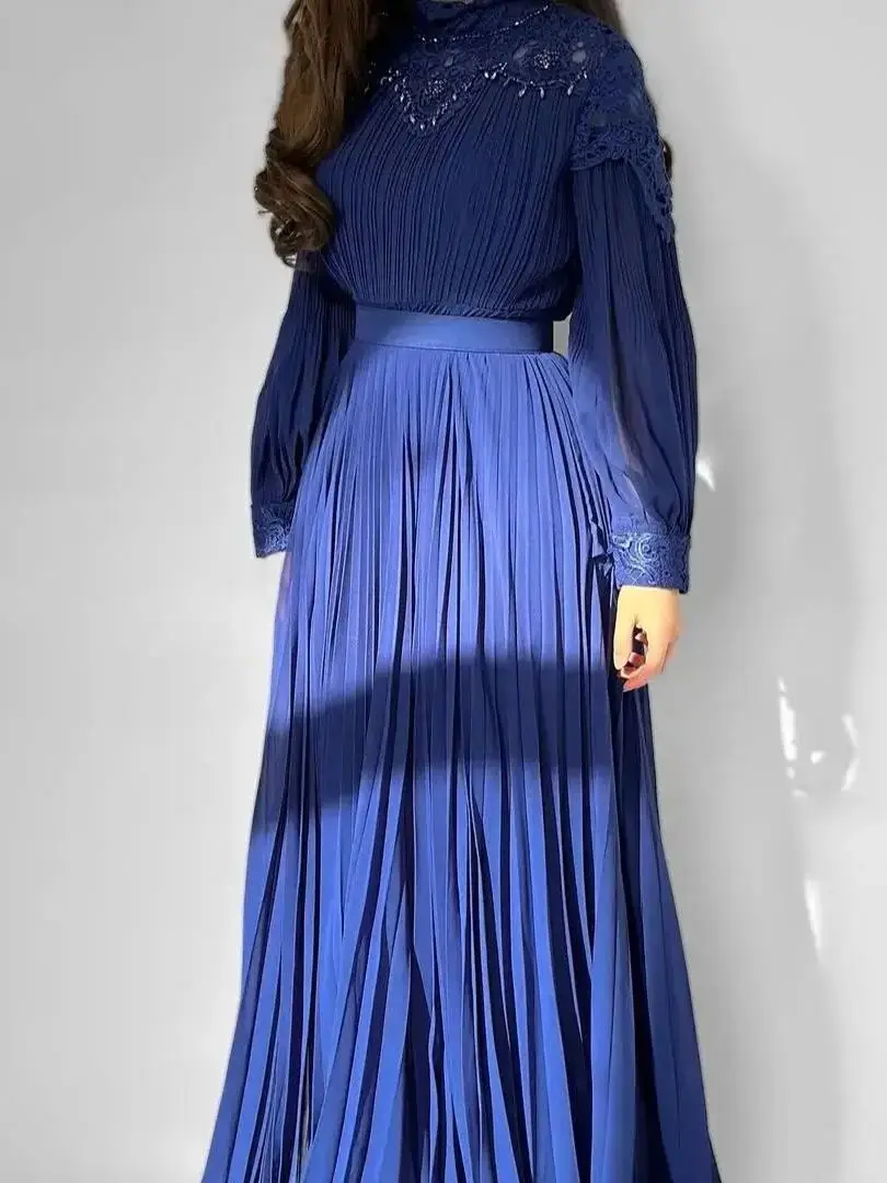 Muslim Long Sleeve Prom Dresses Elegant A Line Party Dress Floor Length Chiffon Evening Gowns with Pleats فساتين حفلة موسيقية