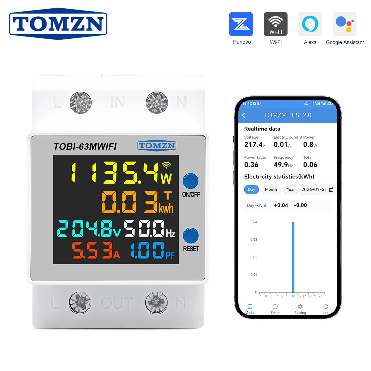 TOMZN TOBI-63MWIFI Medidor 6 en 1 WIFI, Interruptor de Circuito Inteligente, Voltaje, Corriente, Potencia, Energía Bidireccional, Frecuencia, Factor de Potencia, 85-265VAC 63A