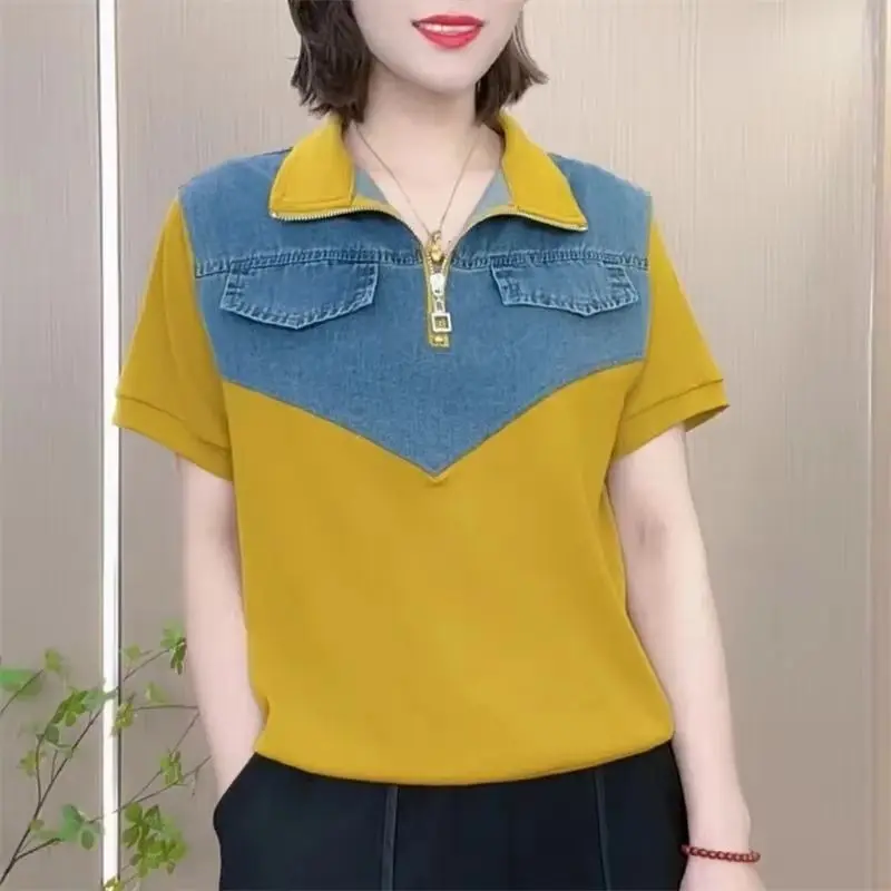 

Fashion Design Short Sleeved Zipper T-Shirt Women's T-Shirts Blouse 2026 Summer New Denim Spliced Temperament Loose Top Female