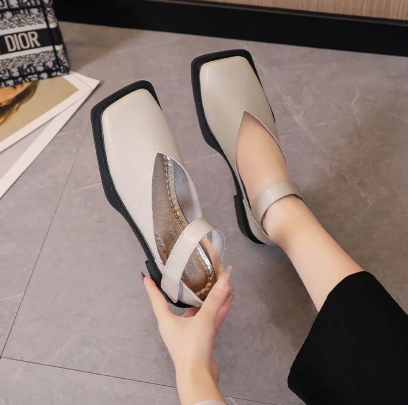 Normal Leather Casual Square Toe White Office Shoes for Women 2024 Ladies Summer Footwear Low Heel Elegant Chic Point Popular E