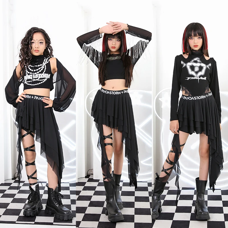 Gothic Black Jazz Dance Costume Girls Hip Hop Clothing Crop Tops Pleated Skirt Kpop Style Performance Stage Clothes Suit BL13788