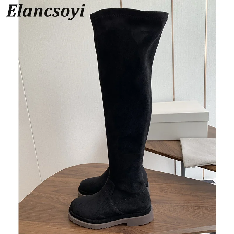 Over The Knee Boots Women Flat Thick Bottom Elastic Boots Round Toe Suede Slimming Zipper Long Boots Autumn Winter Modern Botas