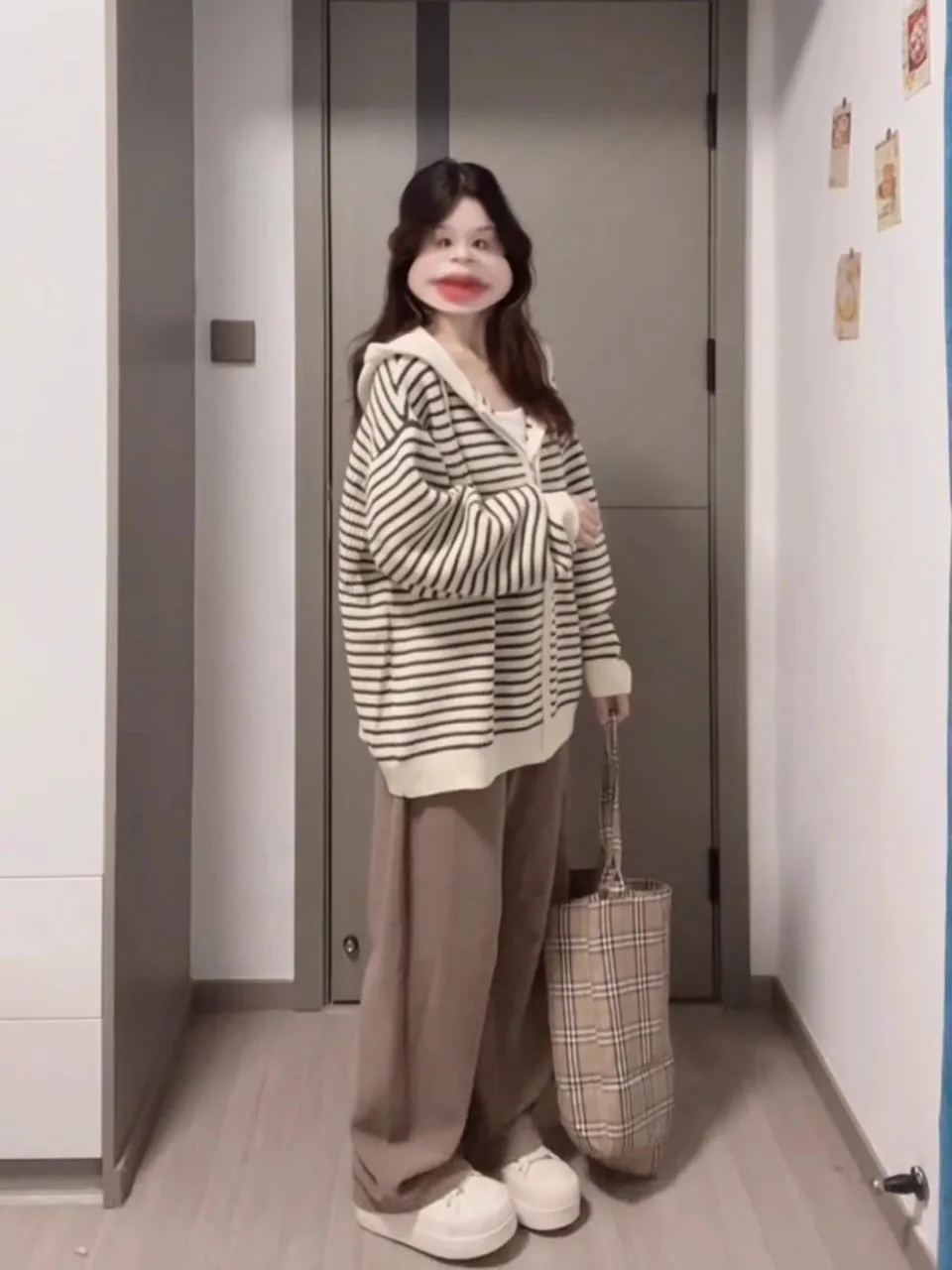 سترة نسائية كاجوال طويلة بغطاء للرأس مخططة ومفتوحة بسحاب Jaet فضفاضة على شكل كرة كورية #3