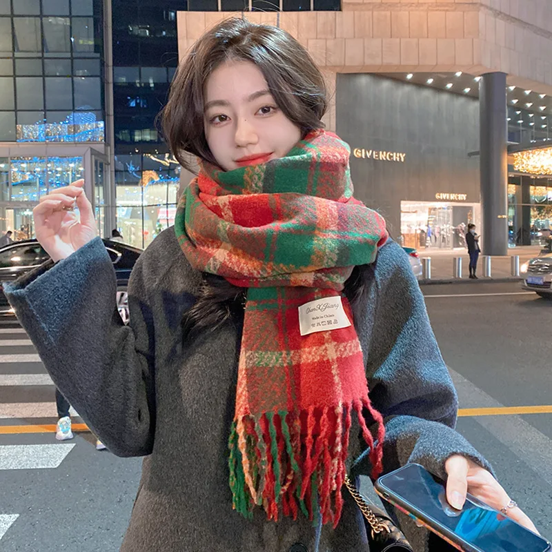 New 2024 Christmas Scarf Checkered Women\'s Winter Thick Warm Shawl Gift Long Scarf Fashionable Red Checkered Scarf