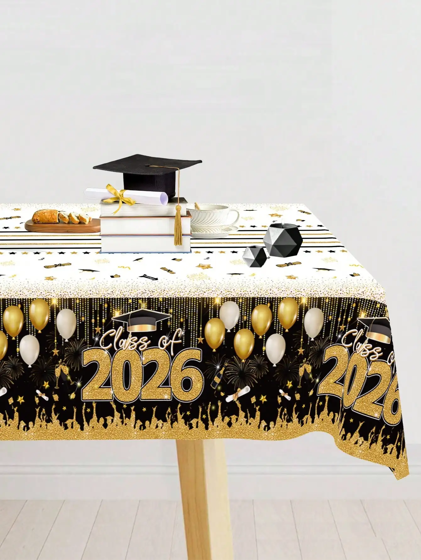 

1pc Disposable Graduation Tablecloth, Congratulations To The Class Of 2026, Black & Gold Balloon Pattern Plastic Tablecloth Suitable For Home Kitchen Dining Table Decor, High School/College Graduation Party, Graduation Celebration
