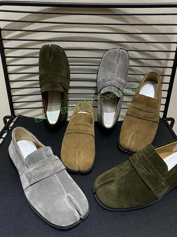 Vintage Men Faux Nubuck Split Toe Loafer Shoes Flat Heel Breathable Slip On Male Retro Single Shoes Brown Green Grey Shoes