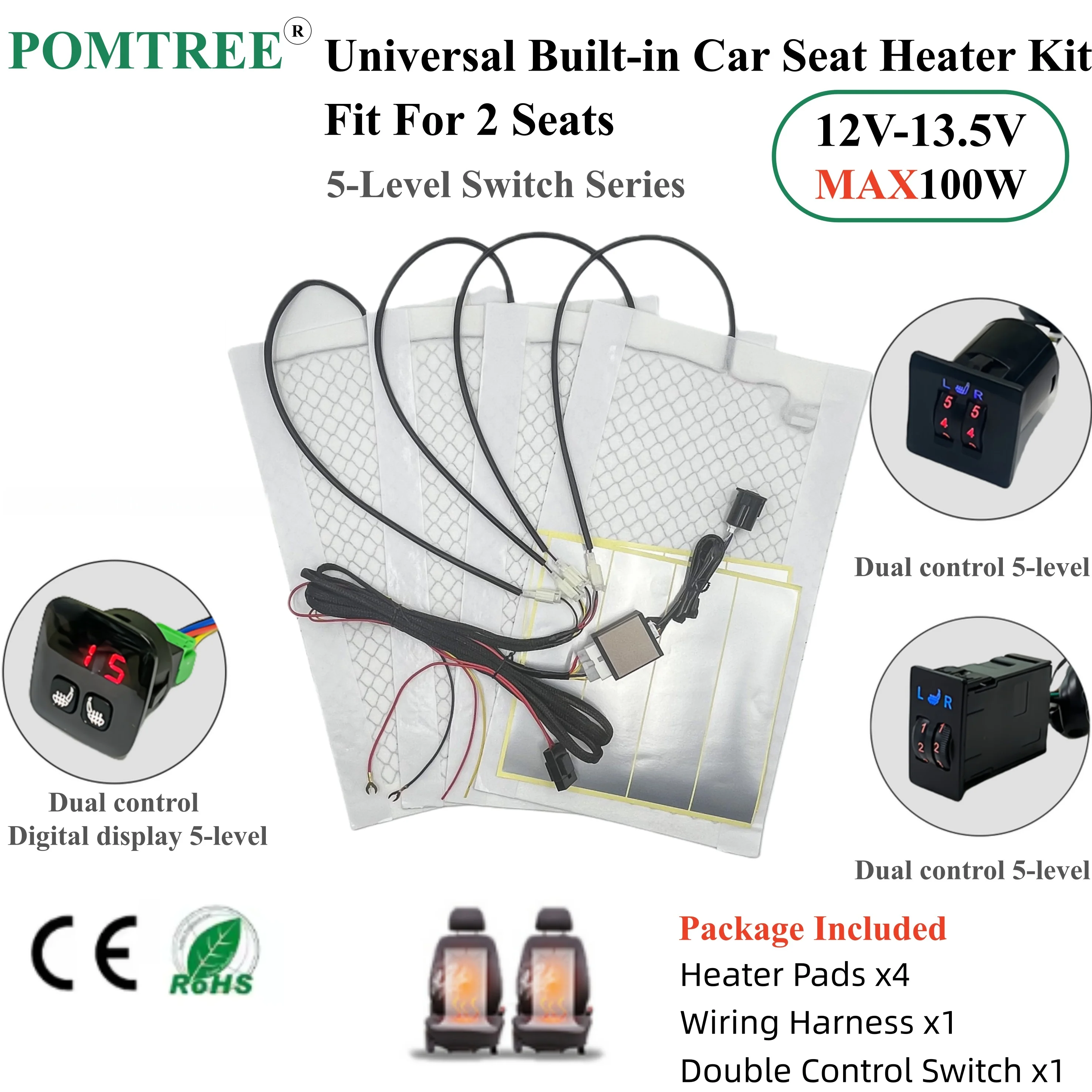 

Универсальный встроенный комплект обогрева автомобильных сидений, подходит для 2 сидений, грелки из углеродного волокна 12 В MAX 100 Вт, 5-уровневый переключатель управления, цифровой дисплей