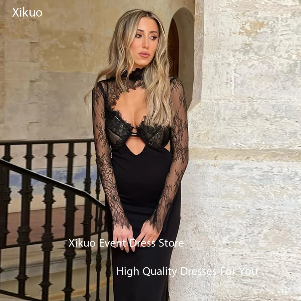

Xikuo Изящные черные атласные вечерние платья Русалка с вырезом Халат Коктейльные женские кружевные платья с длинными рукавами для выпускного вечера по индивидуальному заказу