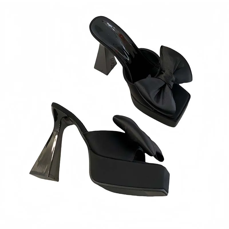 

Pink Heels Slippers Ladies Designer Sandal Black Platform Shoes Woman Summer Bow Slippers Fashion High Heels Sandalias De PVC