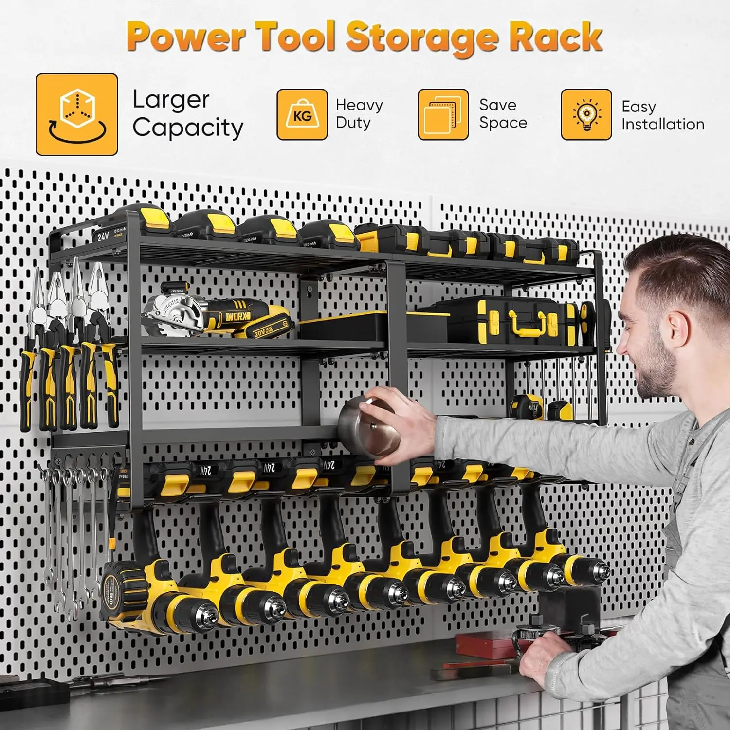 Imagem -03 - Pokipo-power Tool Organizer Suporte de Parede Suporte de Broca Grande Estendido Camadas de Garagem e Armazenamento Utilitário Adequado Rac