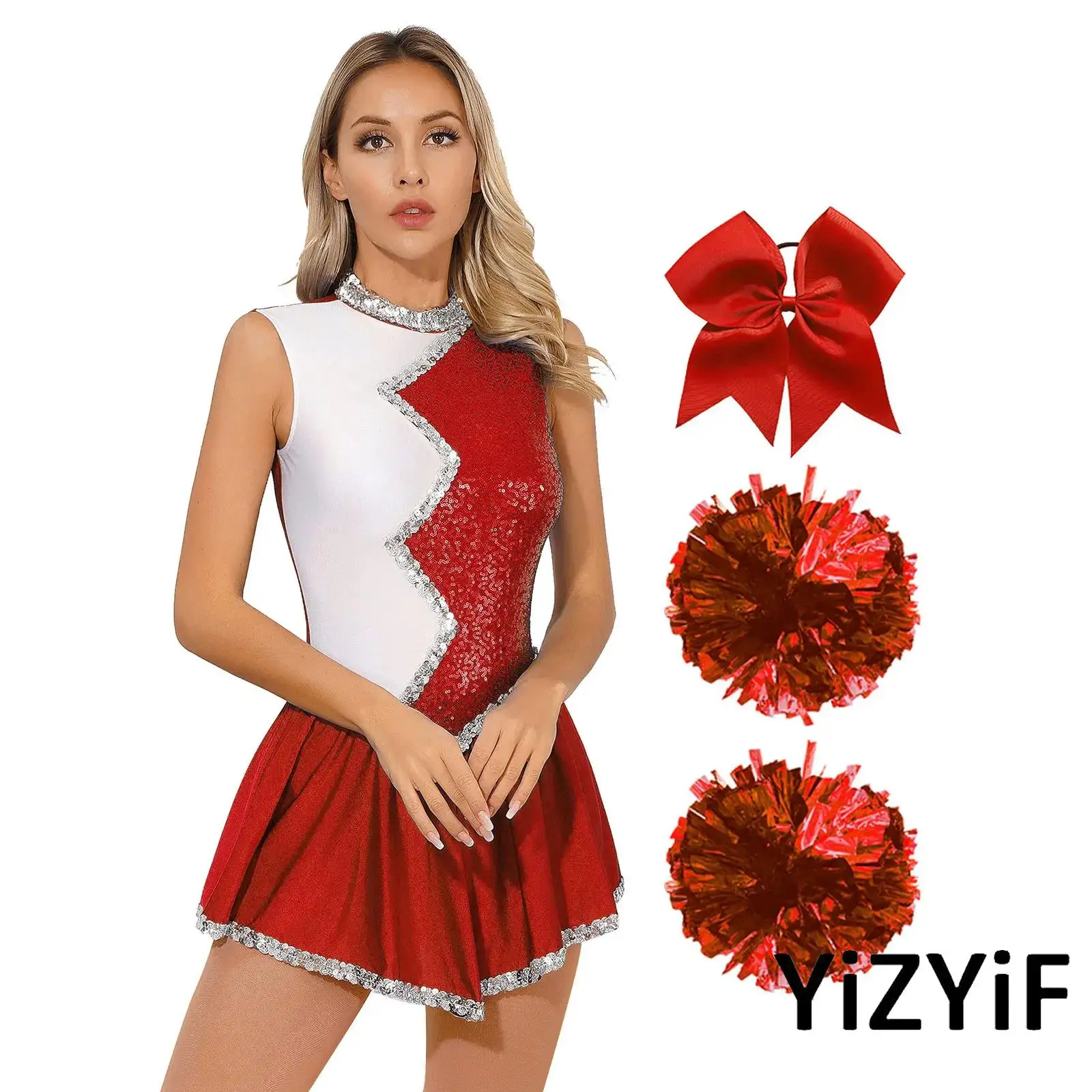 

Womens Cheer Leader Outfits Carnival Dance Themed Party Cheerleading Dress Uniform with Pom Poms Cosplay Schoolgirl Dancewear