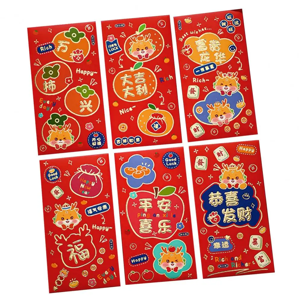 6 Pcs Year of The Dragon Red Packet Cute Cartoon Design Blessings-themed Easy to Seal Special Occasion Red Envelopes