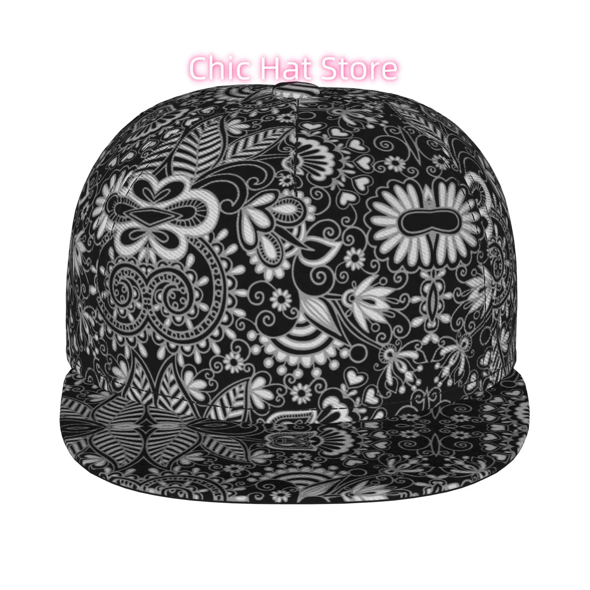 1pc Black and White Ornamental Scrollwork Fully Printed Hip-hop Caps, Baseball Caps, Stylish Flat-brimmed Baseball Caps, Sports
