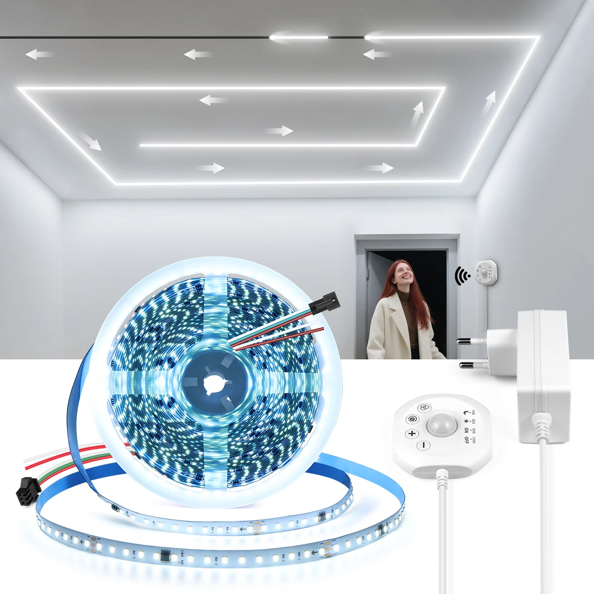 

5M 10M PIR Motion Sensor LED Ceiling Light Strip 24V WS2811 Pixels Addressable Chasing Tape For Room Corridor Entrance Door Lamp