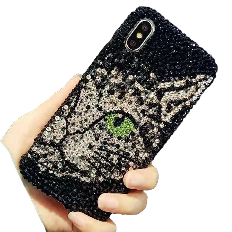 

Luxury Glitter Phone Case Bedazzled Black Leopard Print iPhone 16 Protect Cover Hand-applied Rhinestone Mobile Case Mosaic Gift