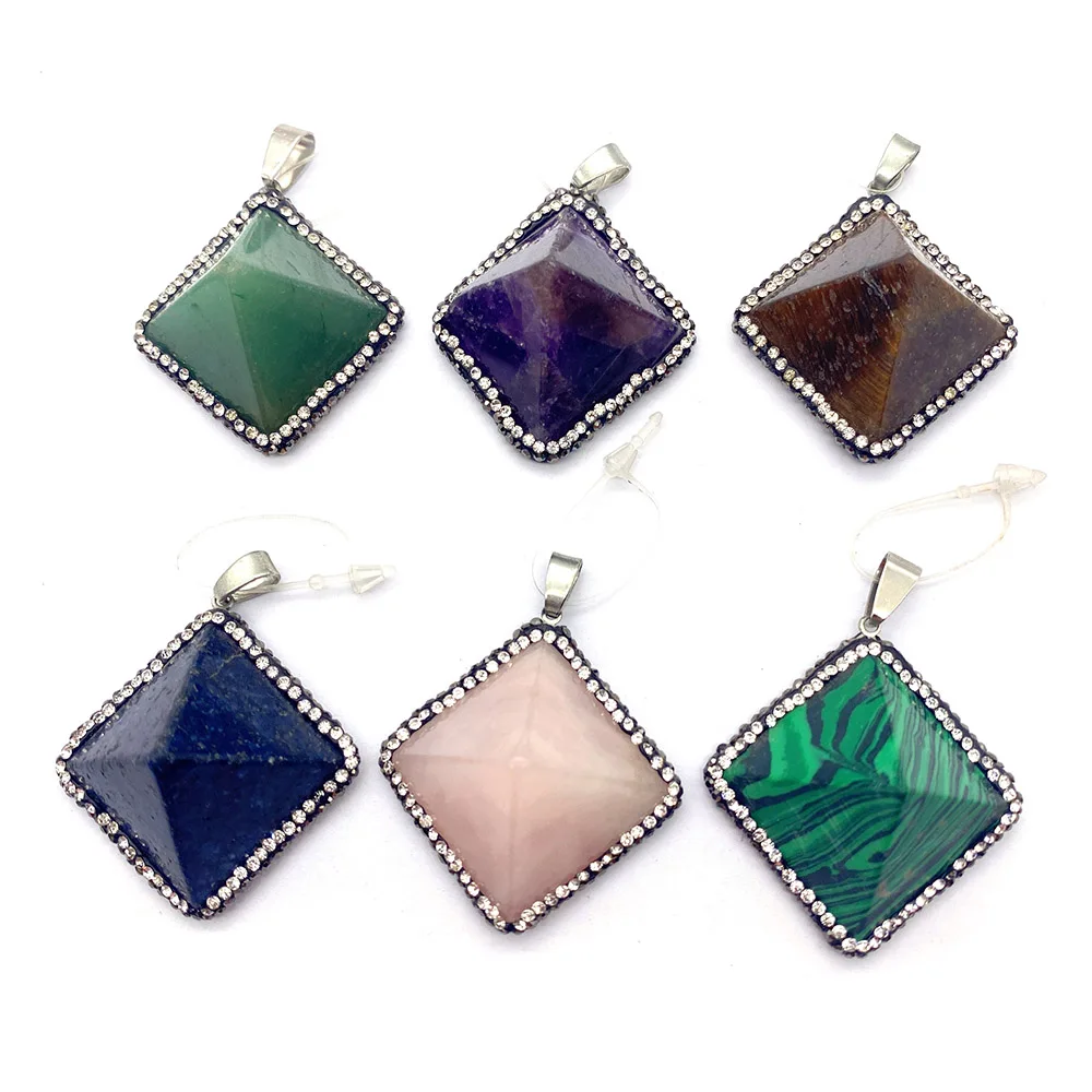 Creative Natural Stone Polished Pyramid Shape Malachite Rose Quartz Rimmed Single-Hole Pendant With Bail DIY Necklace Jewelry