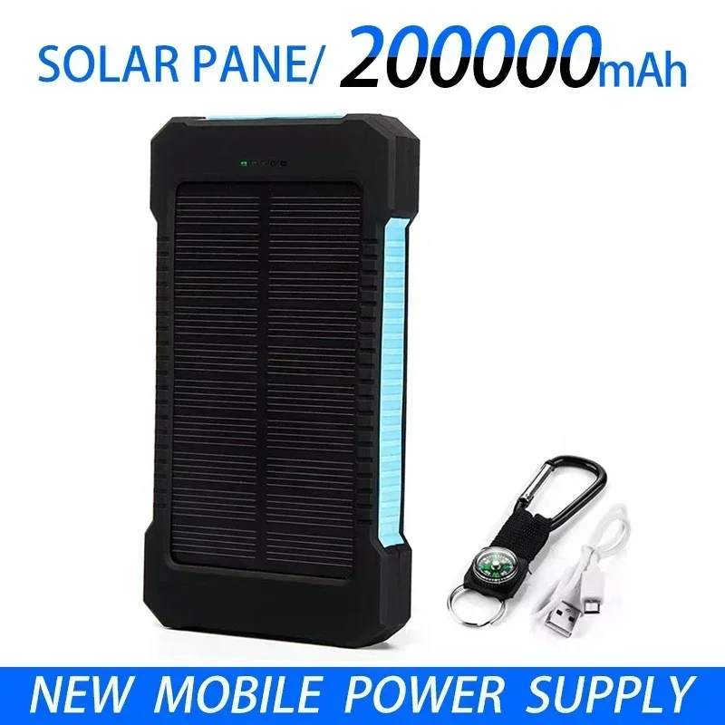 200000mAh External Battery Solar Power Bank LEDSOS Flashlight FAST Charging Portable Waterproof Powerbank for Smart Mobile Phone