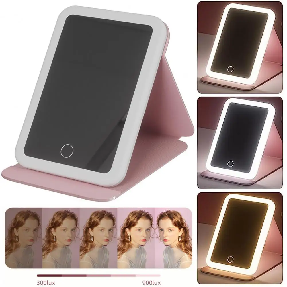 Travel Makeup Mirror with 3 Color LED Touch Dimming Portable Foldable USB Rechargeable Desktop Women Girls Vanity Mirror