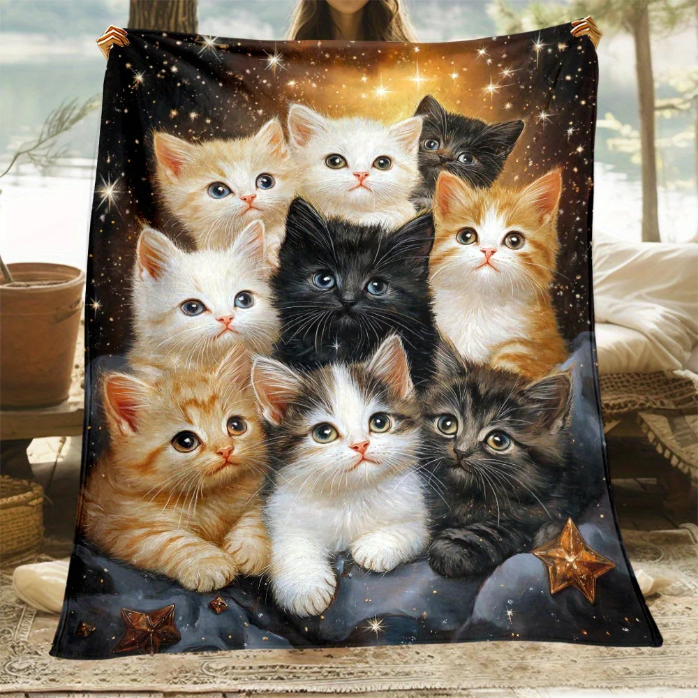 

Lightweight & Warm Whisker Wonders Cat Print Flannel Throw Blanket - All-Season for Sofa, Bed, Travel, Camping, Living Room