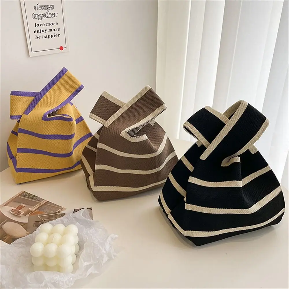 Student Wide Stripe Reusable Plaid Tote Bag Knit Handbag Shopping Bags Knot Wrist Bag
