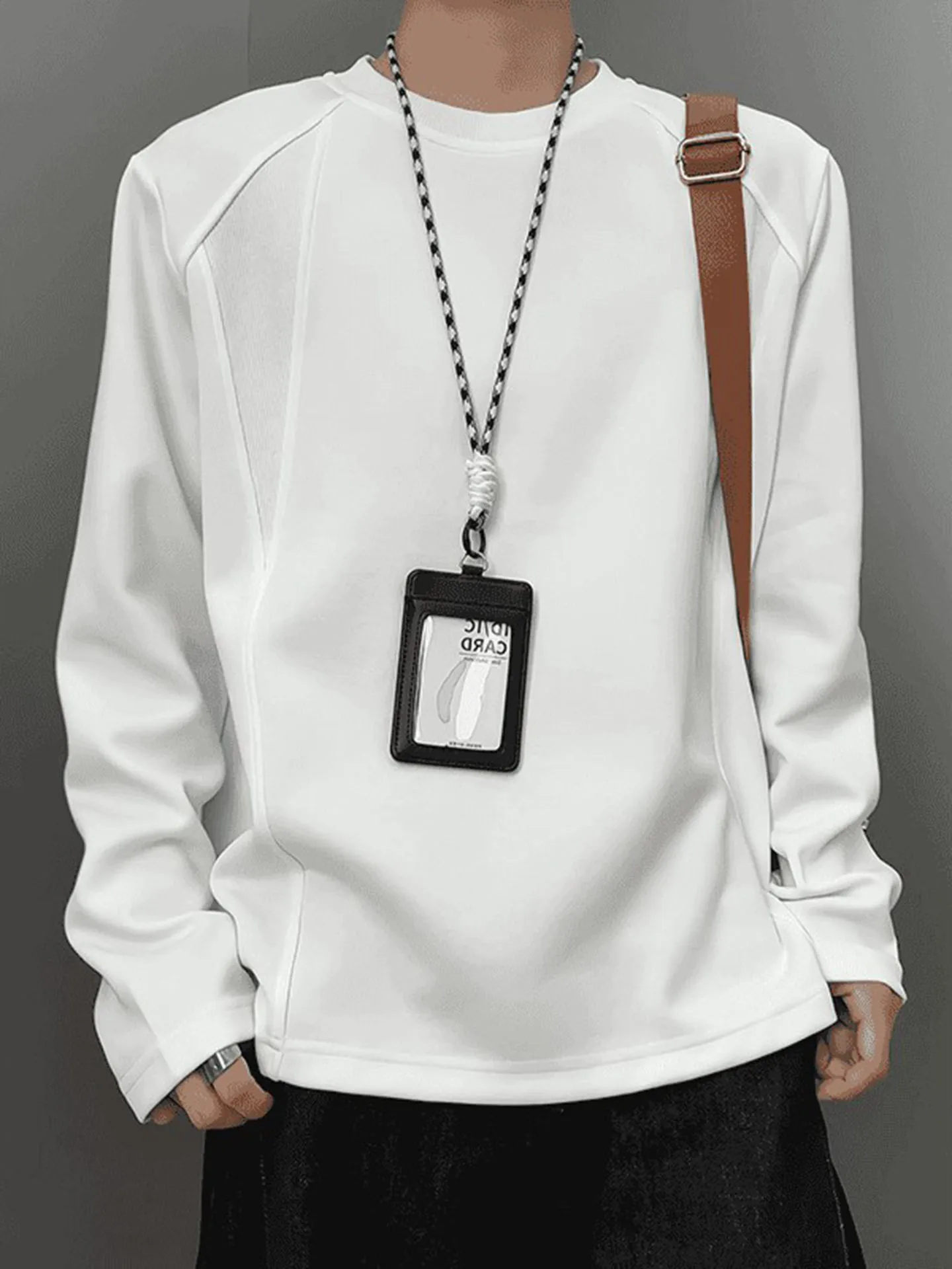 Heavyweight White Deconstructed Patchwork Long Sleeve round Neck Men's Base Layer T-Shirt Cleanfit Shoulder Sweatshirt for Au...