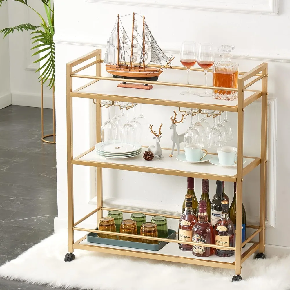 

Gold Bar Cart with 3 Shelves, Wine Glass Bottle Storage Bar Serving Cart with Wheels for Kitchen Living Room (31.5”W, White)