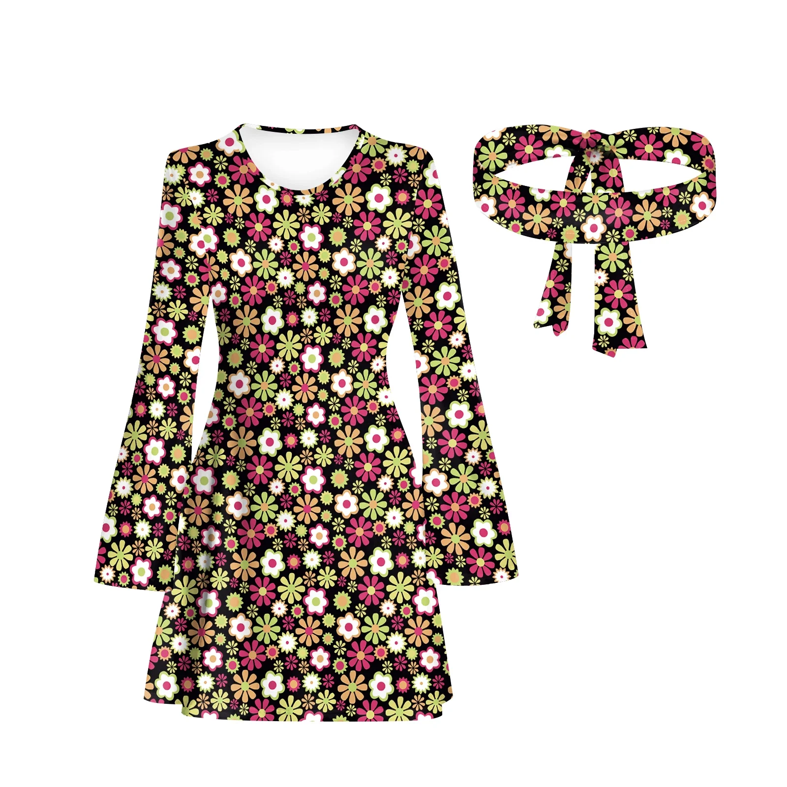 Robe Chang à imprimé floral des années 70 pour femmes, accessoires pour femmes, olympiques de danse d'Halloween, vêtements d'anterie de scène de vacances