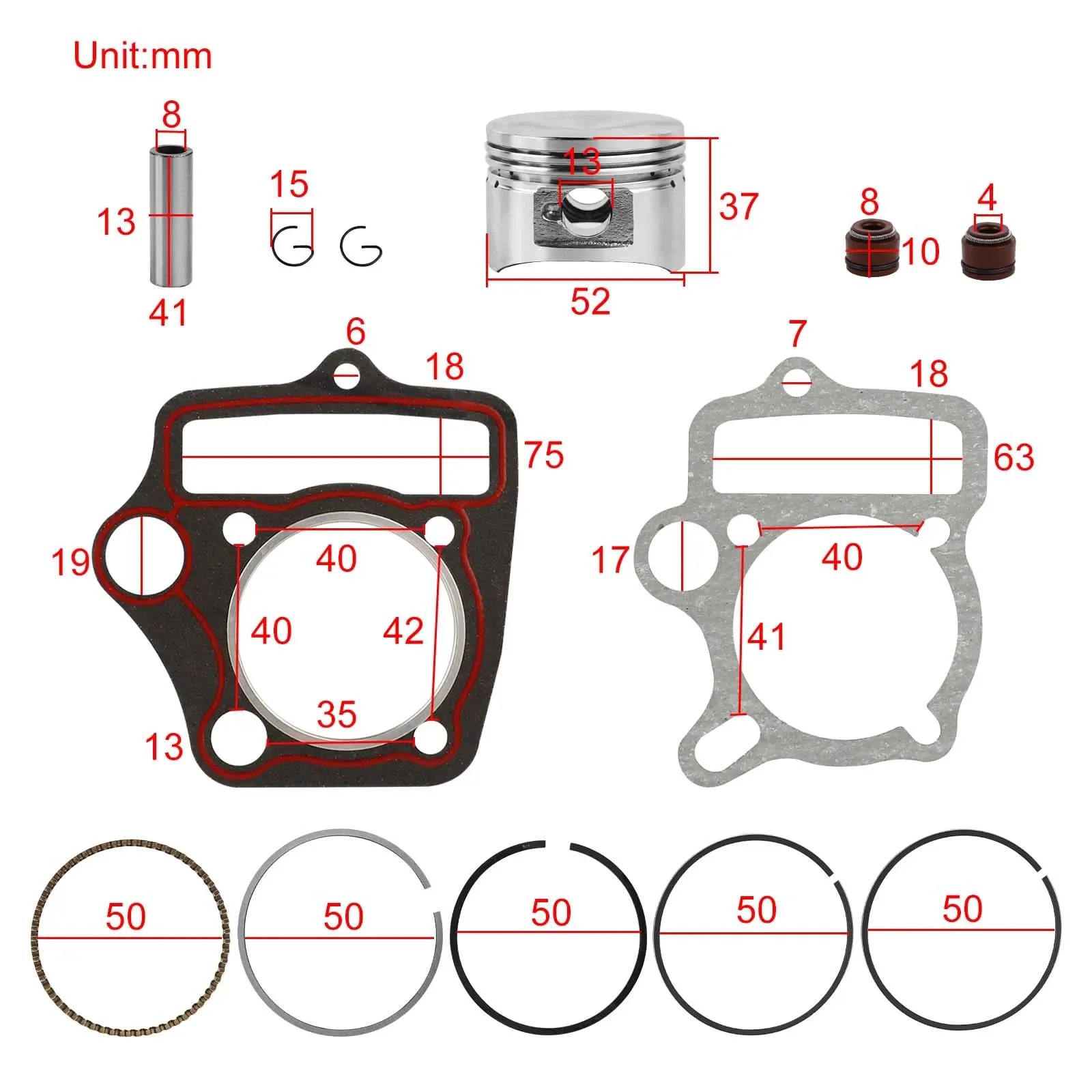 52.4mm Engine Cylinder Piston Rebuild Kit for Chinese 90cc 110cc 125cc ATV Quad Pit Dirt Bike Go Kart Taotao Sunl SSR Coolster