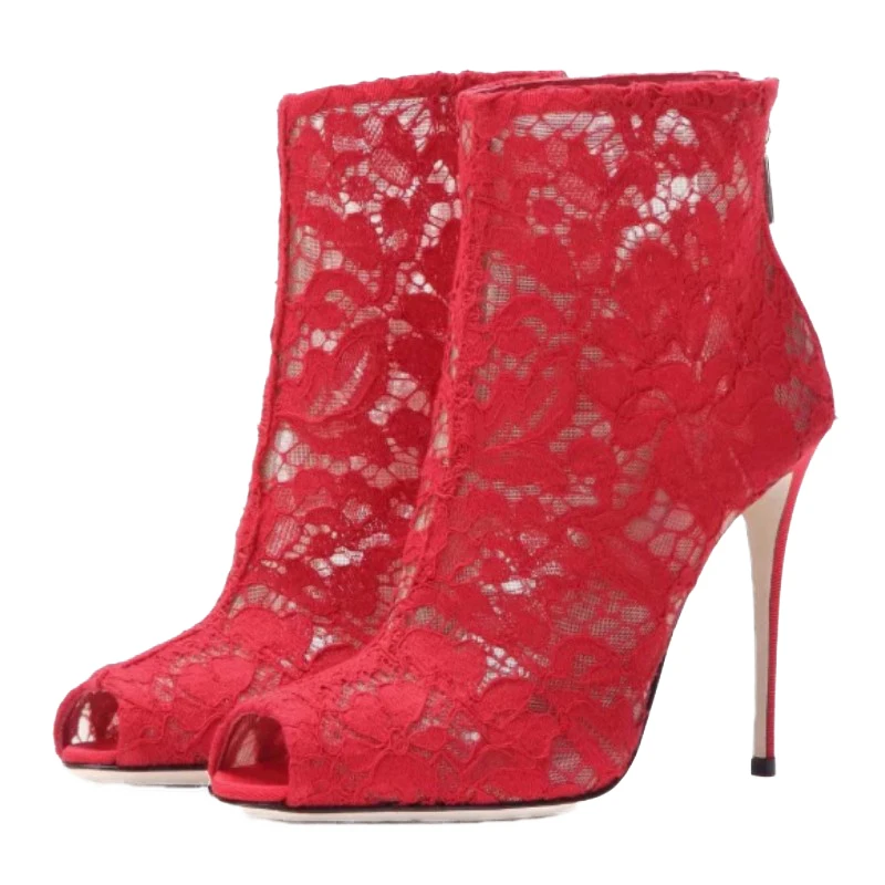 

DIZHUANG Sexy women's high heels boots. Red (black) mesh fabric. Peep toe boots. Wedding fashion show shoes Summer women's boots
