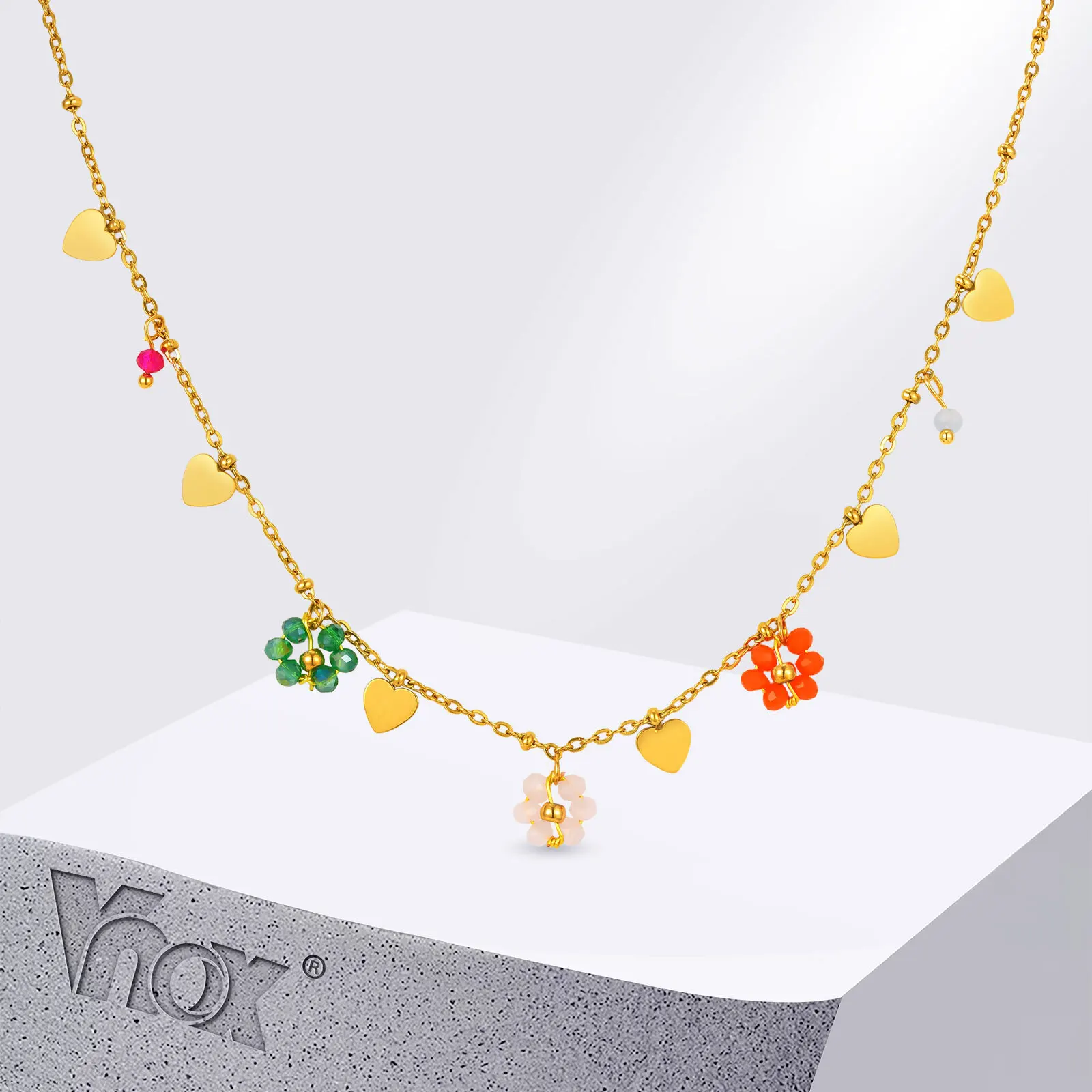 

Vnox Colored Crystal Flower Love Chain Necklaces, Simple Stainless Steel Women's Collar, Summer Waterproof Jewelry Gifts