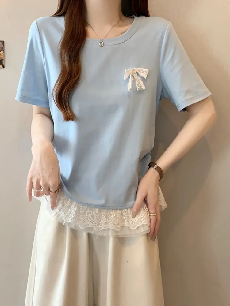 

Lace hem short sleeved T-shirt 2025 summer new plus size women's clothing fat mm slimming and concealing meat top
