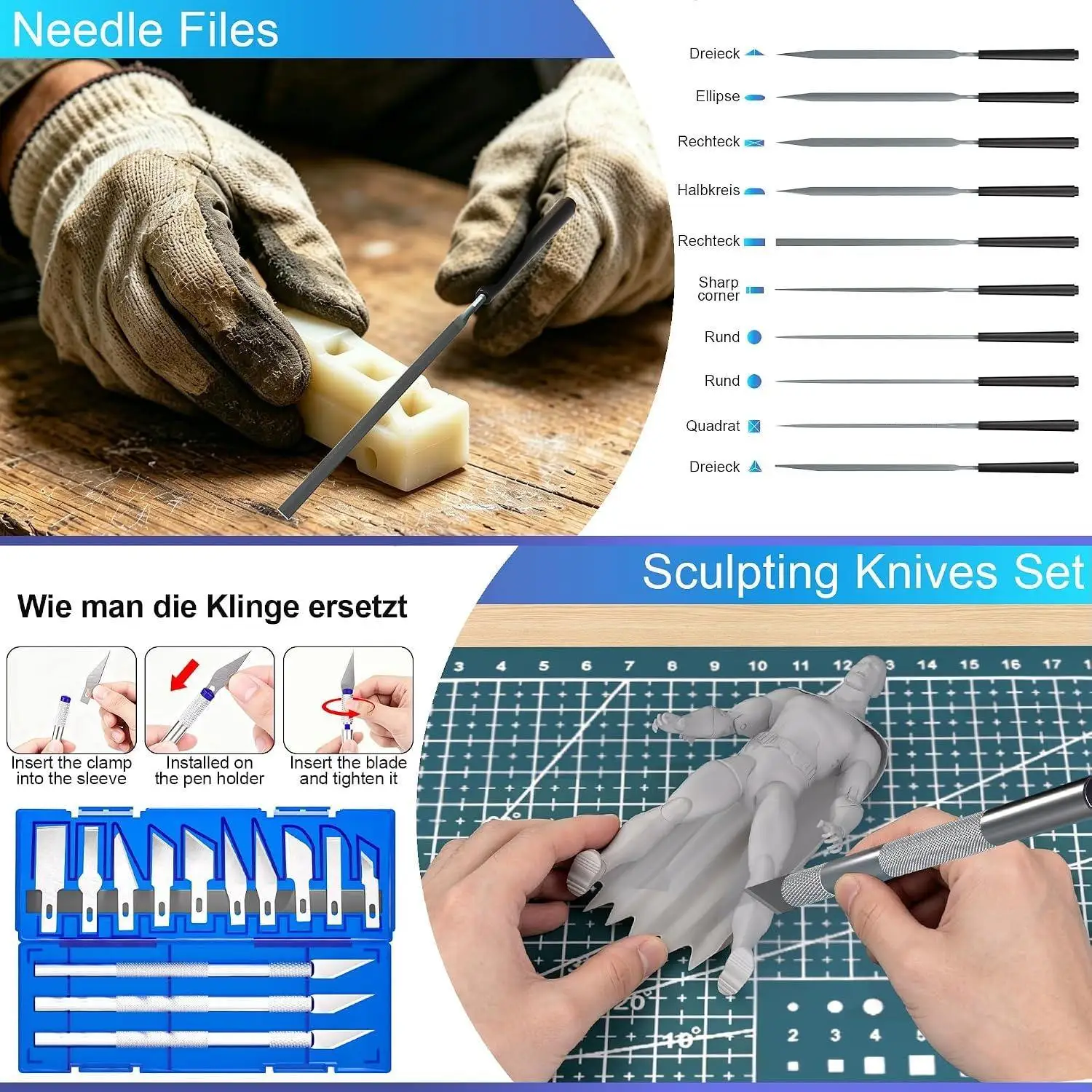 3D Printing Deburring Set Files Hand Deburring Tool Set with 10 Different Blades 10PCS File Set and Side Cutter Metal Handle