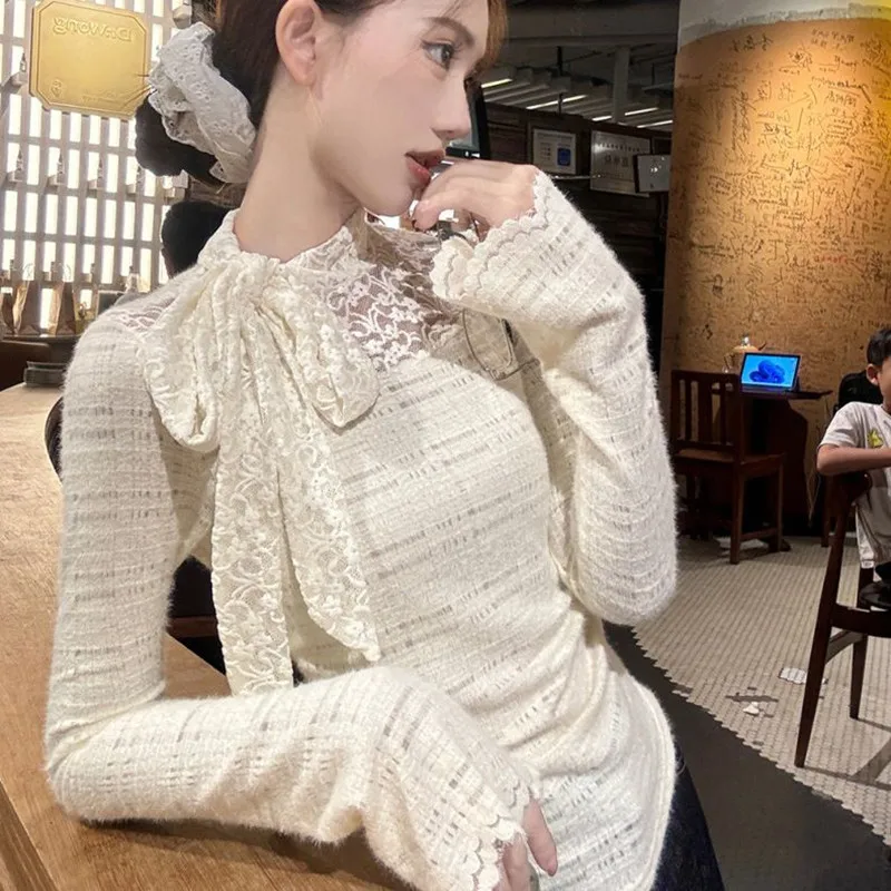 

Sexy Sweet Lace Bowknot Long Sleeve T-shirt 2026 Women Spring Autumn Slim-fit Blouse Tops Korean T-shirt White Base Shirt