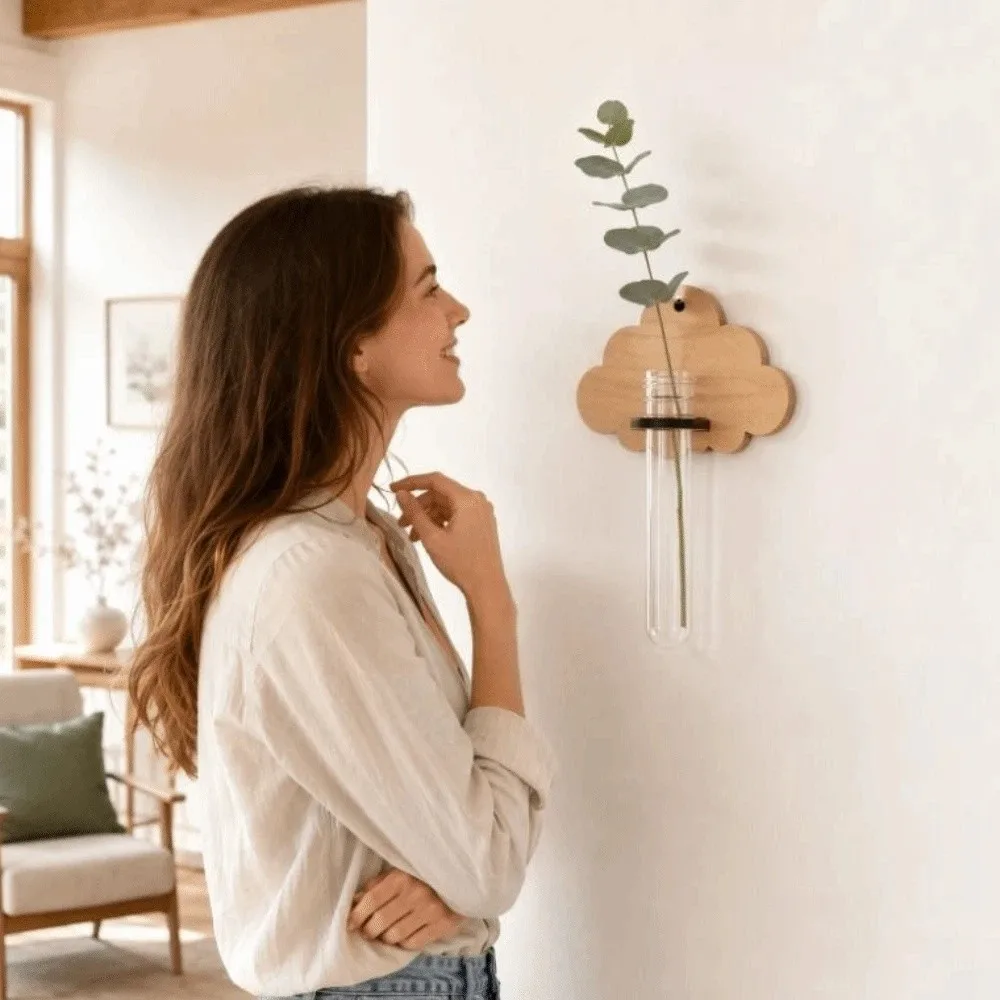 Wall Shelf Wooden Hydroponic Planter Shelf Vase Leaf Shape Wall Mounted Planter Cloud Home Ornaments Wall Decoration Indoor