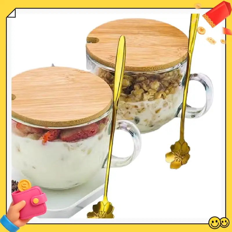 

A89Q-Coffee Mugs Glass Cups With Handle, With Bamboo Lids&Cherry Blossom Spoons, For Tea,Cereal,Yogurt