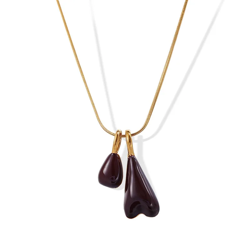 

KITYKISS New Euro-American Dark Brown Enamel Irregular Teardrop Pendant Necklace, 18K Gold Stainless Steel Jewelry for Women