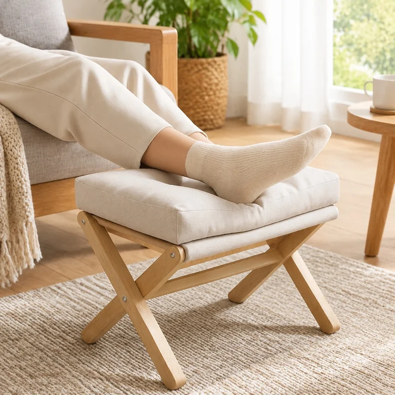 Compact Wooden Folding Footstool with Plush Cotton Pad for Living Room and Hallway Seating