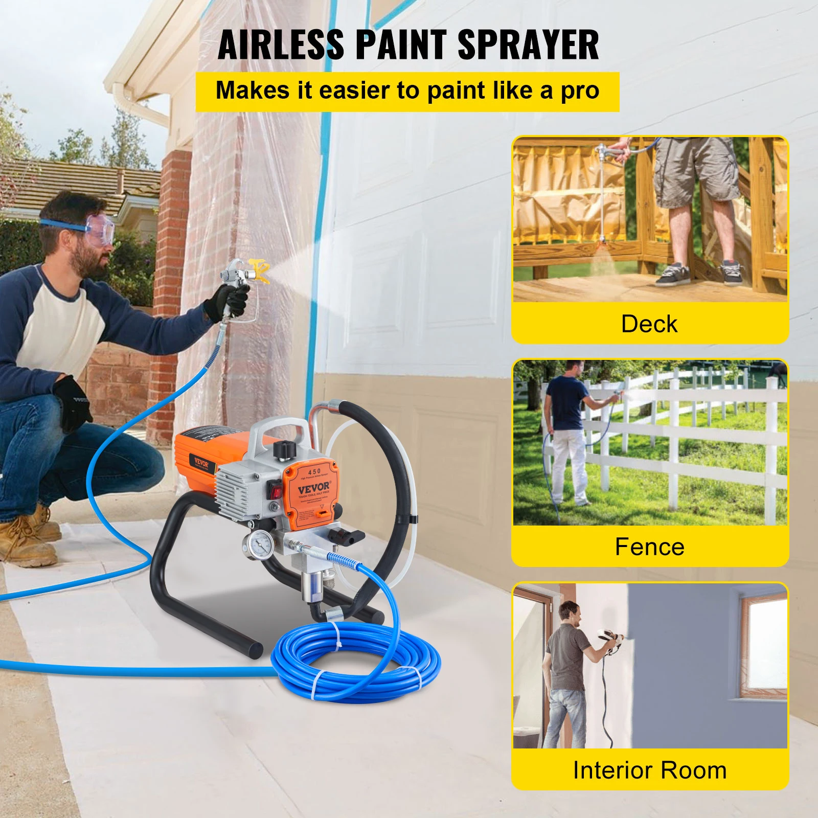 VEVOR Pro Airless Wall Paint Sprayer 1800W Electric Sprayer Gun Kit with Pipe High Pressure Adjustable for Wall/Wood/Metal Paint