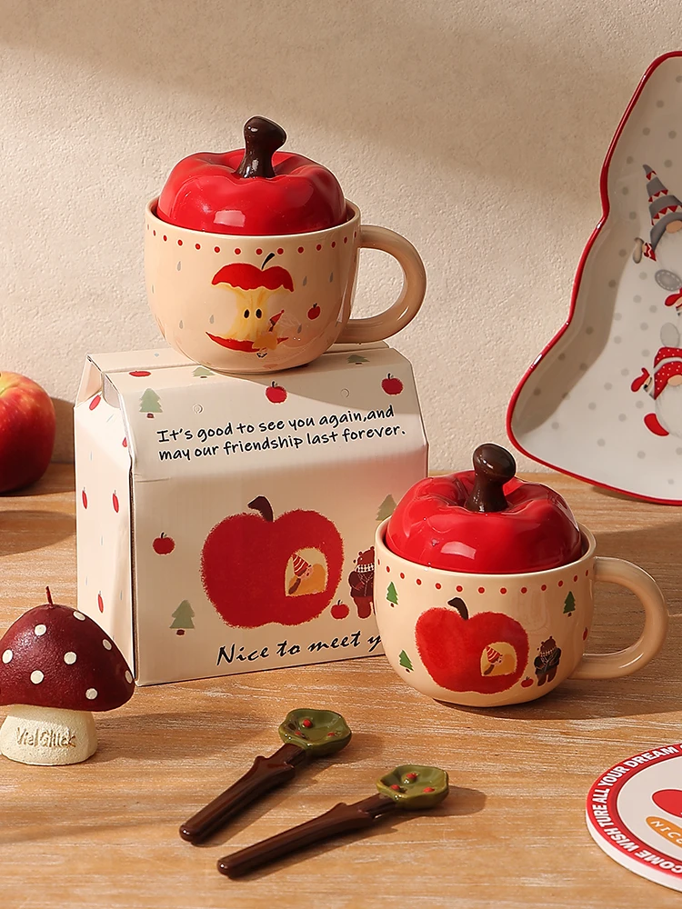 

Милая кружка в виде яблока с крышкой и ложкой, ручная чашка для девочки, подарок на день рождения лучшего друга, офисное стекло для питья, милый подарок на день рождения