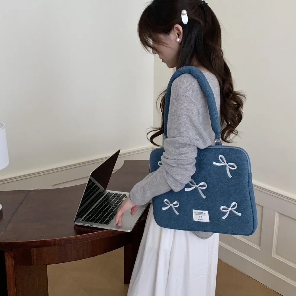 Washed Denim Bow Business Briefcases Love Heart Embroidered Document Tote Bolsas Thicken Handbag Laptop Sleeve Case Bag Commute