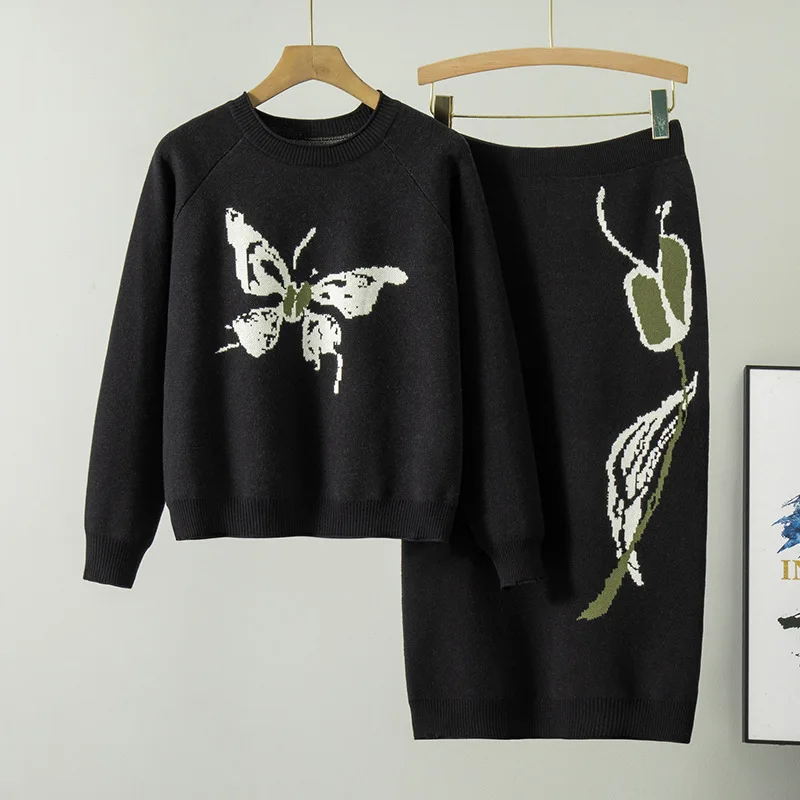 Fashion Women's Set Spring and Autumn New Chinese Style Butterfly Curled Edge Hoodie Knitted Half Skirt Two Piece Set