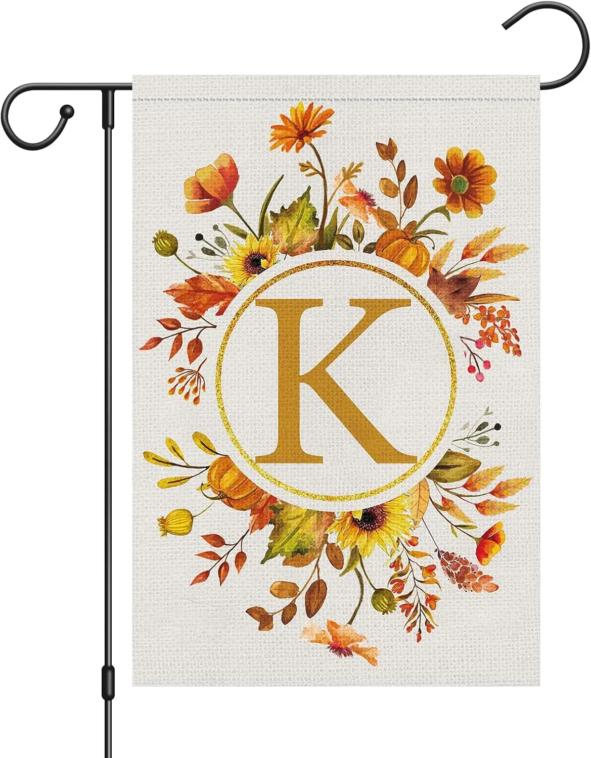 Louise Maelys Monogram Letter K Fall Initial Garden Flag 12x18 Double Sided Burlap, Small Vertical Welcome Floral Sunflower Fami