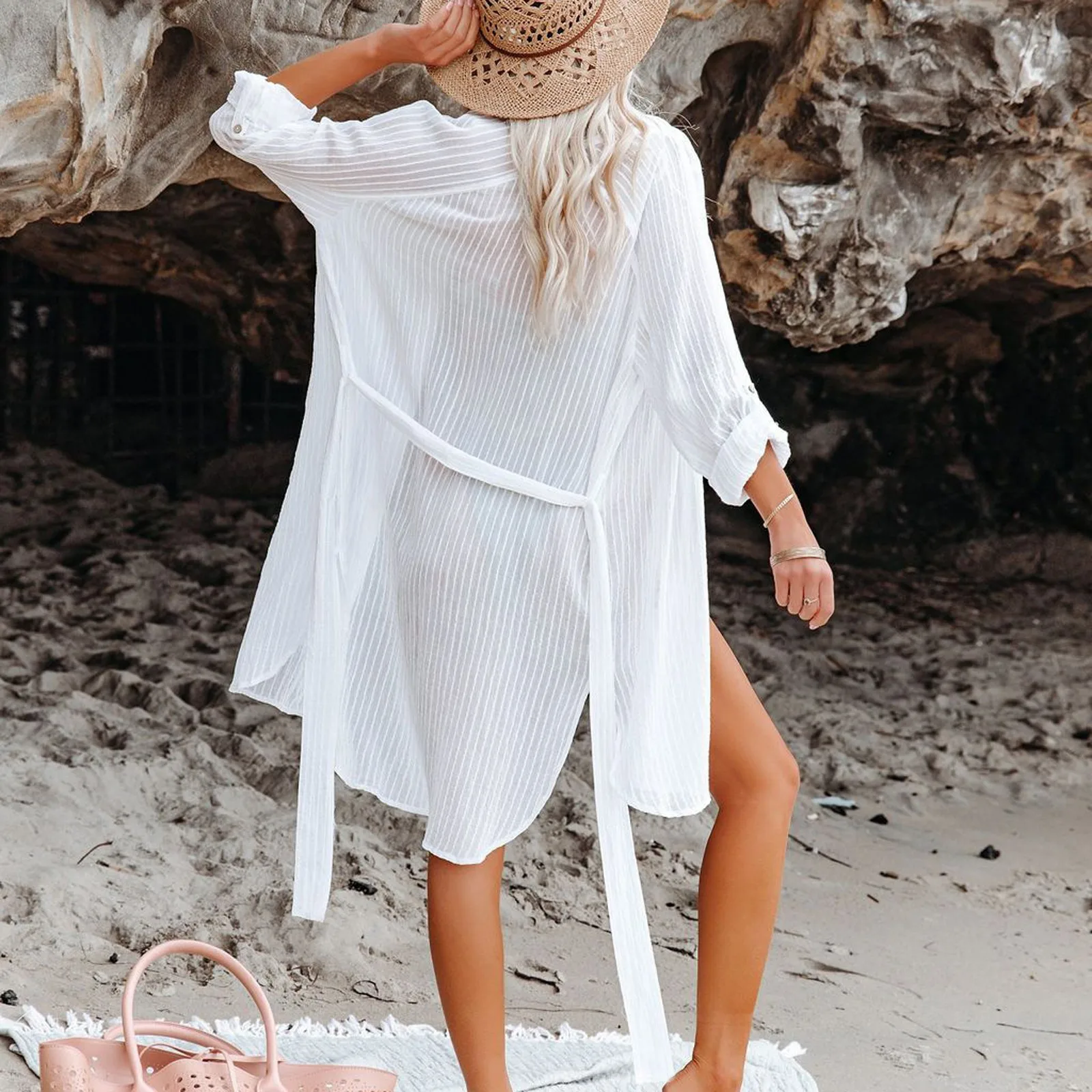 Women\'s Fashion Sexy Long White Perspective Shirt Loose Long Sleeved Smock Beach Vacation Beach Daily Thin Sunscreen Cardigan