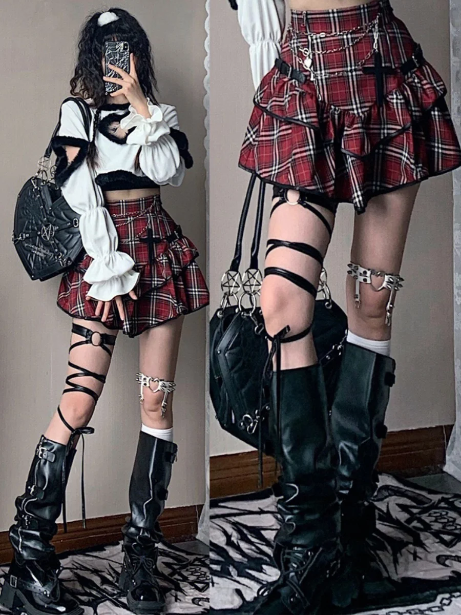 

Y2K Millennial Trend Plaid Skirt Women's Punk Sle High Waist A-Line Slimming Cake Skirt Streetwear Summer ort Skirt