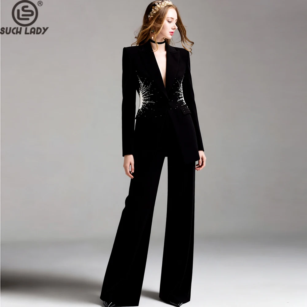

Black Notched Lapel Blazer & Maxi Pants 2pcs Set for Women - Elegant Rhinestone Beaded Embellished Formal Suits Events Wear