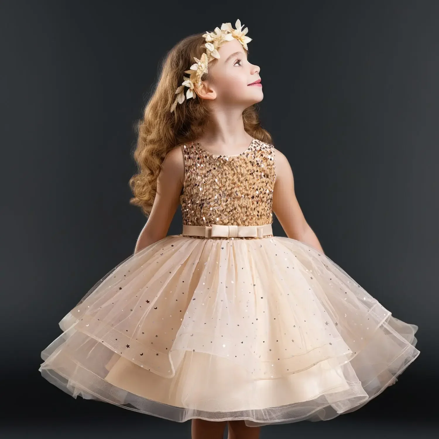 Elegant Girls Sequins Flower Dress for Kids First Communion Costume Children Formal Prom Gown for Wedding Birthday Party Dresses