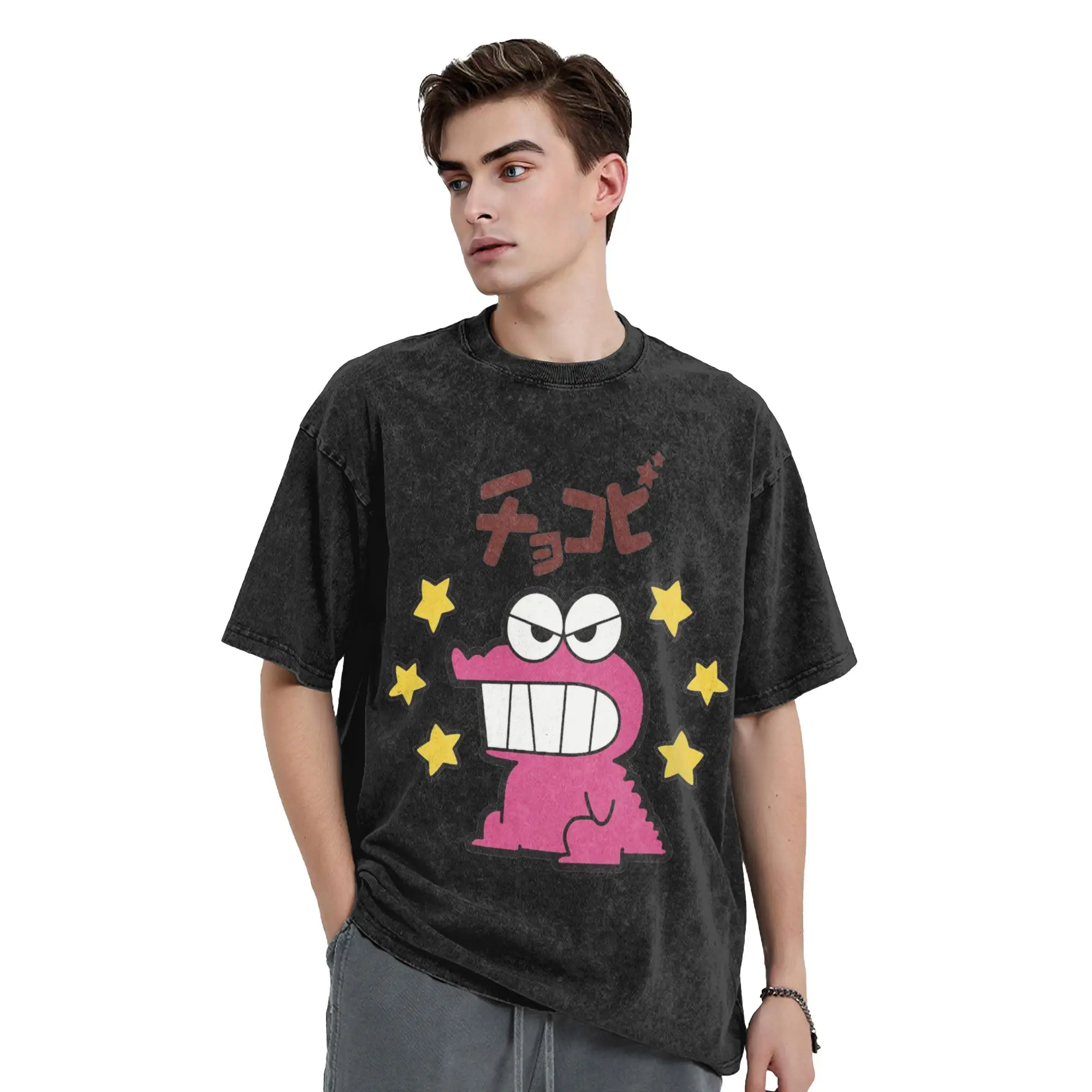 Crayons Shin-chans Crocodile Dinosaur Chocolate Washed T Shirt Streetwear Retro T-Shirt  Tees Men Women Cotton Harajuku Graphic