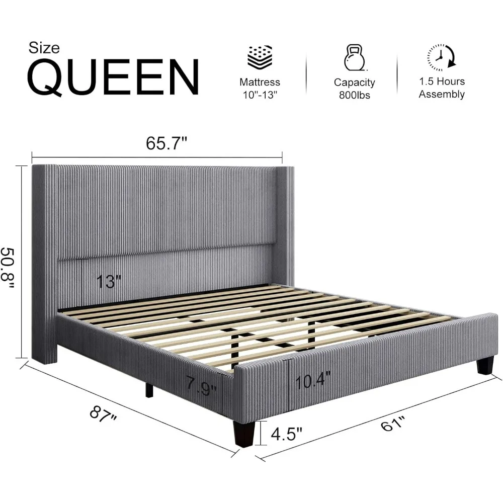 Queen Size Upholstered Platform Bed Frame, Wingback Bed with 50.8